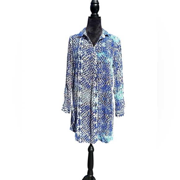 BeachLunchLounge Blue Print Viscose Tunic Shirt Dress Size M coastal beach chic - Picture 2 of 7